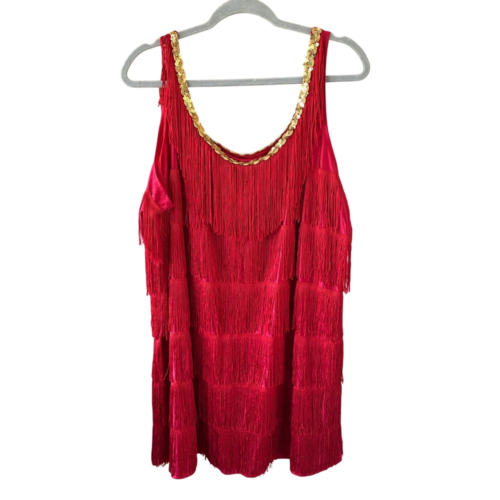 Vintage Fringe Flapper Dress Women XL Red Gold Sequin 1920s cowgirl funky